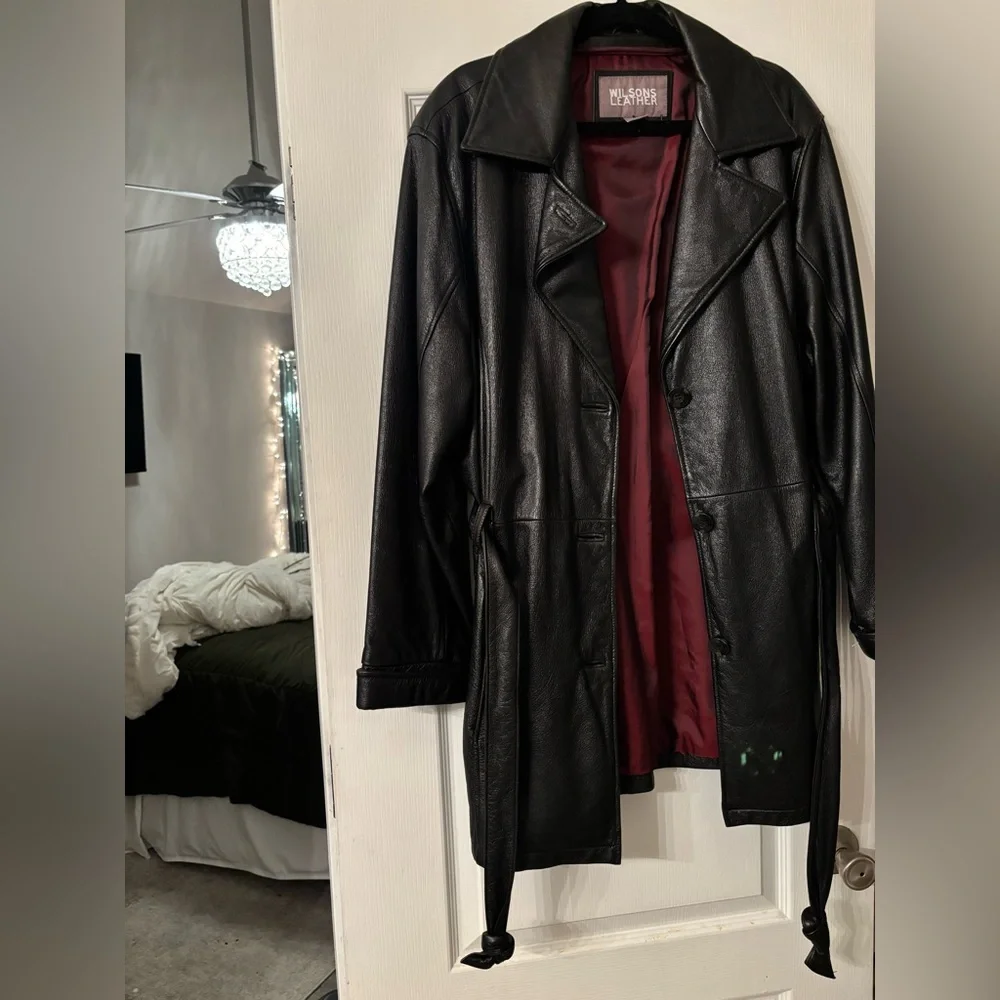 Vintage Wilsons Leather Black Qtr Trench Coat With Belt Womens 1X 🖤🎄 - Picture 5 of 10